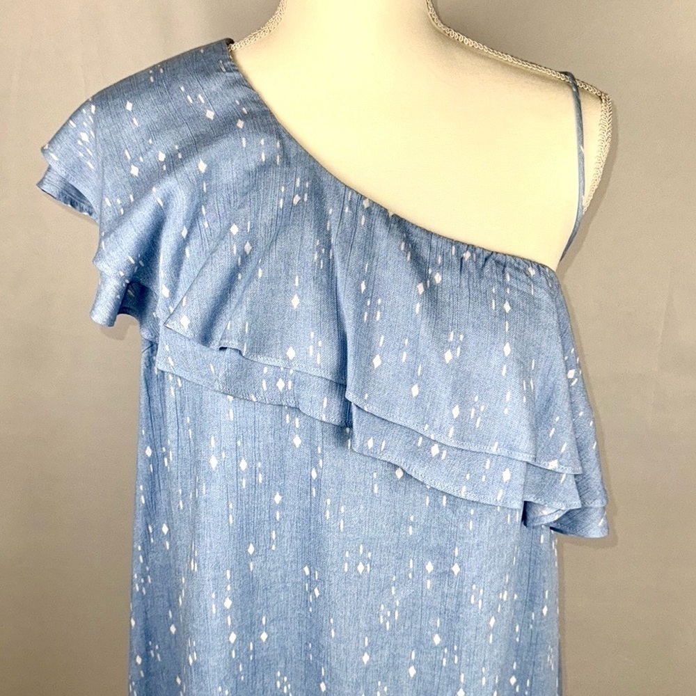 Charles Henry Shift Mini Dress One Shoulder Ruffle Pastel Blue Dot Medium Summer - Picture 5 of 13